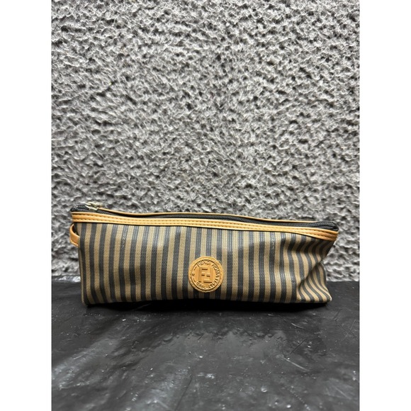 Fendi Vintage Women's Pequin Striped Cosmetic Bag Brown Black - Picture 1 of 10